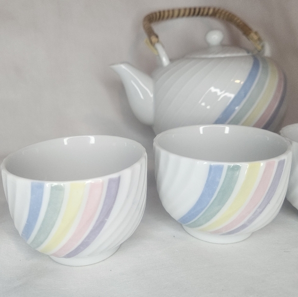 Vintage Pastel Rainbow Porcelain Tea Set - 4 Cups 1 Teapot 70s-80s Made In Japan - Picture 3 of 9